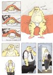 anthro bed belly bottomwear brush brushing brushing_teeth clothing eyewear furniture glasses male moobs necktie nipples overweight overweight_anthro overweight_male pants shirt sitting sleeping solo text topwear underwear professor_fluff felid mammal pantherine tiger 2020 comic english_text hi_res