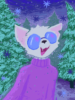 ambiguous_anthro ambiguous_gender anthro clothed clothed_anthro clothing evergreen_tree eyewear fangs fur glasses open_mouth open_smile outside pine_tree plant purple_clothing purple_sweater purple_topwear round_glasses smile snow solo sweater teeth topwear tree white_body white_fur winter demensa domestic_cat felid feline felis mammal 2023 3:4 digital_media_(artwork) hi_res pixel_(artwork)