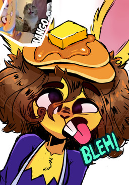 anthro brown_hair buckteeth butter clothing dairy_products derp_eyes food hair honey_(food) male pancake purple_clothing purple_eyes purple_shirt purple_topwear shirt teeth tongue tongue_out topwear yellow_body la_tiapat patrick_(prettypat) lagomorph leporid mammal rabbit hi_res meme