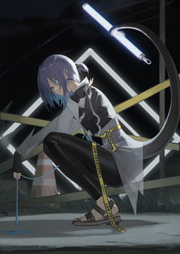 blue_hair bottomwear clothed clothing colored_nails crouching cuff_(restraint) ear_piercing eye_patch eyewear feet female footwear hair handcuffs humanoid_feet light_bulb metal_cuffs multicolored_hair nails pants piercing plantigrade prehensile_tail purple_hair restraints sandals shirt shoes solo tail topwear hcc arknights hypergryph studio_montagne asbestos_(arknights) amphibian amphibian_humanoid animal_humanoid humanoid salamander_humanoid tailed_humanoid 2022 hi_res