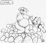 anthro belly big_belly big_breasts breasts caption cross-popping_vein duo egg female gesture hand_gesture male nipples non-mammal_breasts non-mammal_nipples oviposition pregnant pregnant_anthro pregnant_female thumbs_up sabrotiger banjo-kazooie rareware banjo_(banjo-kazooie) kazooie avian bear breegull mammal 2023 black_and_white hi_res monochrome sketch