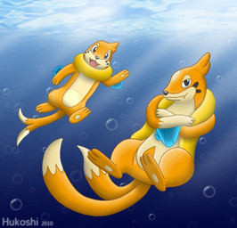 2_tails anthro belly black_eyes black_nose blue_fin bubble crossed_arms duo fur gesture light light_beam looking_at_viewer male multi_tail orange_body orange_fur smile smiling_at_viewer sunbeam sunlight tail tan_belly underwater water waving waving_at_viewer hukoshi nintendo pokemon buizel floatzel generation_4_pokemon pokemon_(species)