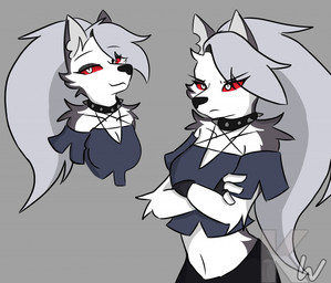 animal_ears annoyed anthro black_clothing black_nose black_shirt black_topwear breasts chest_harness cleavage clothed clothing collar crop_top crossed_arms ear_piercing female fingerless_gloves frown fur furrowed_eyebrows gloves grey_background grey_body grey_fur grey_hair hair handwear harness long_hair midriff multicolored_body multicolored_fur multiple_poses navel occult_symbol off_shoulder pentagram pentagram_harness piercing pose red_eyes shirt simple_background smile smirk solo spiked_collar spikes symbol topwear two_tone_body two_tone_fur white_body white_fur kangwolf hellaverse helluva_boss mythology loona_(helluva_boss) canid canid_demon canine demon hellhound mammal mythological_canine mythological_creature 2019 bust_portrait digital_drawing_(artwork) digital_media_(artwork) half-length_portrait portrait watermark