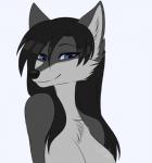 anthro black_hair black_nose blue_eyes female fur grey_body grey_fur hair simple_background smile solo white_background taykoe canid canine mammal bust_portrait digital_drawing_(artwork) digital_media_(artwork) portrait