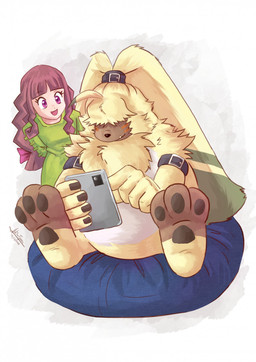 ahoge anthro belt brown_hair cushion dipstick_ears duo ear_markings female fur green_ear_tips hair hair_over_eyes long_ears male multicolored_ears pawpads ponytail_ears reading sitting tablet tablet_computer yellow_body yellow_fur rina_tigressa bandai_namco digimon digimon_ghost_game angoramon_(ghost_game) ruri_tsukiyono angoramon digimon_(species) human mammal colored hi_res shaded
