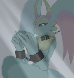 2_horns ambiguous_gender anthro arms_tied biped black_sclera bound chained_collar chained_cuffs chest_tuft collar countershading cuff_(restraint) fluffy fur handcuffed handcuffs head_wings horn huge_wings knees_up leash leashed_collar looking_at_viewer metal_cuffs mouthless multicolored_body multicolored_eyes multicolored_fur narrowed_eyes neck_tuft orange_body orange_fur pink_eyes pupils restraints sitting solo tan_body tan_fur teal_body teal_eyes teal_fur three-quarter_view tuft unusual_wing_placement wings gemini_kirby kirby_(series) nintendo fecto_elfilis alien chinchilla chinchillid mammal rodent starling_(kirby) digital_drawing_(artwork) digital_media_(artwork) digital_painting_(artwork) hi_res painting_(artwork)