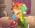 2021 activision ami_bandicoot anthro bandicoot biceps blush bodily_fluids crash_bandicoot crash_bandicoot_(series) crash_team_racing_(series) crash_team_racing_nitro-fueled duo ema_npr female green_hair hair handjob heart_symbol hi_res male male/female mammal marsupial muscular muscular_female penile sex sweat