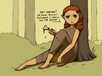 3_toes against_natural_surface against_surface against_tree asking_viewer barefoot black_eyes black_nose blood blood_on_mouth bodily_fluids bone bottomwear brown_bottomwear brown_clothing brown_pants brown_shirt brown_topwear clothing dialogue eating eating_meat eyebrows fart fart_cloud feet female flat_chested forest grass green_fart_cloud hair interrobang lidded_eyes looking_at_viewer meat_on_bone pants plant question_mark raised_eyebrow raised_knee red_hair seam_(sewing) shirt sitting sleeveless_shirt solo speech_bubble talking_to_viewer tan_body tan_skin toes topwear tree vowelless yellow_sclera jubb microsoft the_elder_scrolls bosmer elf humanoid wood_elf 2021 signature
