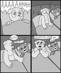 anthro bedding blanket dialogue duo lying question_mark slightly_chubby surprise text tired axismarcy unicorn_wars azulin_(unicorn_wars) gordi_(unicorn_wars) bear mammal 2023 absurd_res comic hi_res monochrome spanish_text translated