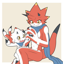 abs anthro blush claws duo grin hand_holding horn kerchief male neckerchief neckwear red_body scarf smile white_body yellow_eyes tmdduq6918 bandai_namco digimon betelgammamon digimon_(species) gammamon scalie hi_res brother_(lore) brothers_(lore) sibling_(lore)