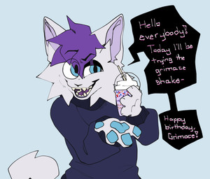blue_eyes blue_long_sleeve_shirt blue_pawpads container cup dialogue eyeshadow fangs fur grey_body grey_ears grey_fur grey_tail hair holding_container holding_cup holding_object makeup open_mouth pawpads purple_hair purple_inner_ear purple_tongue speech_bubble tail teeth text tongue tr1clip grimace_shake mcdonald's kiwi_(tr1clip) domestic_cat felid feline felis mammal 2023 english_text hi_res meme
