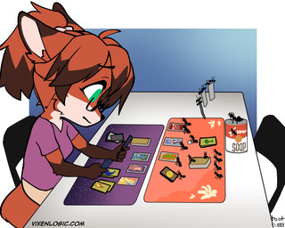 ambiguous_gender anthro bottomwear breasts brown_hair brown_markings card chair cheek_tuft chibi clothed clothing crown dipstick_ears dipstick_hair ear_markings eyewear facial_tuft female feral food fully_clothed fur furniture glasses gloves_(marking) green_eyes group hair headgear markings multicolored_ears pants playing_card ponytail purple_clothing purple_shirt purple_topwear red_body red_fur red_hair shirt simple_background sitting soup soup_can table tail tan_bottomwear tan_clothing tan_pants tied_hair topwear tuft white_body white_fur foxboy83 tootaloo vixen_logic ant_queen_(vixen_logic) red_(vixen_logic) ant arthropod canid canine fox hymenopteran insect mammal red_fox true_fox 5:4 colored digital_media_(artwork) flat_colors hi_res