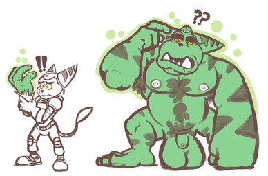 anthro balls before_and_after big_balls big_feet big_hands confusion exclamation_point fangs feet genitals male muscular question_mark solo surprised teeth transformation anothermeekone insomniac_games ratchet_and_clank sony_corporation sony_interactive_entertainment ratchet_(ratchet_and_clank) alien humanoid lombax mammal orc hi_res