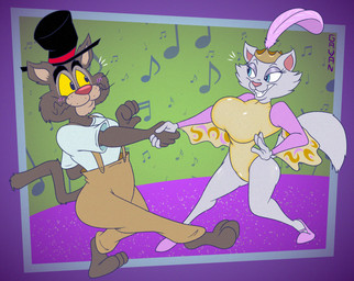 abstract_background anthro black_body black_fur blue_eyes blush blush_lines cheek_tuft clothed clothing crown dancing duo facial_tuft fangs female fur half-closed_eyes hat headgear headwear leotard male musical_note musical_symbol narrowed_eyes overalls oversized_clothing pink_nose symbol teeth tiara tight_clothing top_hat tuft white_body white_fur yellow_eyes gavanzude lilli_(dumbo's_circus) sebastian_(dumbo's_circus) domestic_cat felid feline felis mammal alternate_version_at_paywall digital_drawing_(artwork) digital_media_(artwork) hi_res signature