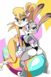 2016 anthro big_breasts big_butt blue_eyes bow_(feature) bow_tie breasts butt cleavage clothed clothing crossover disney duo egg female hand_on_butt hi_res judy_hopps lagomorph leporid lola_bunny looking_at_viewer looking_back looney_tunes mammal manic47 purple_eyes rabbit rear_view skimpy small_breasts straddling warner_brothers zootopia