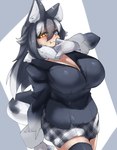 :3 big_breasts black_hair blazer blue_eyes blush bottomwear breasts cleavage clothed clothing fangs female gloves hair handwear heterochromia inner_ear_fluff legwear multicolored_hair skirt solo tail teeth thigh_highs tuft white_hair yellow_eyes urisaba kemono_friends grey_wolf_(kemono_friends) animal_humanoid canid canid_humanoid canine canine_humanoid humanoid mammal mammal_humanoid wolf_humanoid absurd_res hi_res