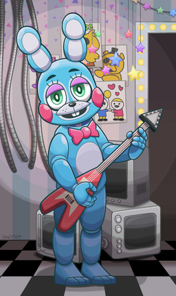 3_toes 4_fingers accessory anthro blue_body bow_tie buckteeth checkered checkered_floor decoration detailed_background electric_guitar electronics feet fingers green_eyes guitar holding_object looking_at_viewer machine male musical_instrument plucked_string_instrument poster rosy_cheeks solo standing string_instrument teeth television toes toony wire mitsubachipan five_nights_at_freddy's five_nights_at_freddy's_2 scottgames toy_bonnie_(fnaf) animatronic lagomorph leporid mammal rabbit robot 2017 hi_res signature