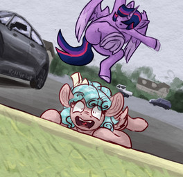 abuse blue_mane building car child_abuse cloud cloudy_sky constricted_pupils curb curb_stomping curly_mane duo eyebrow_through_hair eyebrows eyelashes female feral freckles fur green_grass grey_car hair hidden_eyes highlights_(coloring) hooves horn horse_tail imminent_death jumping light_truck lying mane on_front open_mouth outside parking_lot pickup_truck pink_body pink_fur pink_highlights plant pupils purple_body purple_fur purple_mane screaming sky small_pupils tail teeth tongue translucent translucent_hair tree truck underhoof unicorn_horn vehicle white_sclera wings young young_female young_feral reddthebat friendship_is_magic hasbro my_little_pony mythology sedan cozy_glow_(mlp) twilight_sparkle_(mlp) equid equine horse mammal mythological_creature mythological_equine pegasus pony winged_unicorn 2026 colored digital_media_(artwork) digital_painting_(artwork) hi_res meme painting_(artwork) signature