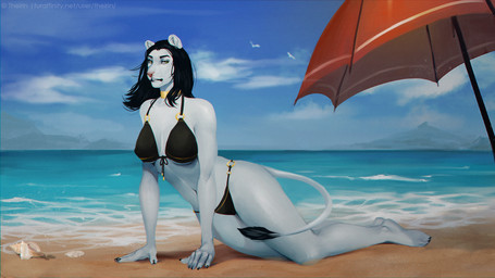 5_fingers anthro arm_support barefoot beach beach_umbrella big_breasts bikini black_bikini black_claws black_clothing black_eyebrows black_hair black_lips black_swimwear black_tail_tuft black_tuft blue_sky breasts claws clothed clothed_anthro clothed_female clothing cloud day detailed_background eyebrows feet female female_anthro finger_claws fingers front_view green_eyes hair half-closed_eyes humanoid_hands iris lidded_eyes lips long_hair long_tail looking_at_viewer monotone_body monotone_hair narrowed_eyes navel o-ring_bikini on_ground on_sand outdoor_nudity outside parasol parted_lips pink_nose pose pupils sand sea seashell seaside shell sky solo swimwear tail tail_tuft toe_claws toes tuft two-piece_swimsuit water white_body white_sclera theirin adhira_hale ambient_bird ambient_flier felid lion mammal pantherine 2019 digital_media_(artwork) full-length_portrait hi_res portrait shaded
