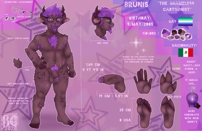 2_toes 3_fingers 4_horns 5_fingers 5_toes accessory anthro armpit_hair balls beard belly berry biography body_hair bovid_horn brown_body brown_fur brown_hooves brown_horn candy caprine_horn chart chest_hair chocolate chocolate_bar clothing color_swatch dessert dialogue digit_ring ejaculation eyewear facial_hair feet fingers fluffy_body fluffy_fur fluffy_legs fluffy_shoulders food foot_fetish foot_focus footwear fruit fur genitals glans glasses goat_horn goatee hair hands-free height_chart hooved_fingers hooved_plantigrade hooved_toes hooves horizontal_pupils horn humanoid_feet humanoid_genitalia humanoid_hands humanoid_penis jewelry legwear lgbt_pride lights magic male mexican_flag multi_horn mustache navel neck_tuft nipples nude nude_male pattern_background penis perfume perfume_bottle plant plantigrade pride_colors pubes pupils purple_bottle purple_eyes purple_glans purple_hair purple_nipples ram_horn ring shadow sheep_ears short_tail side_view simple_background size_chart size_difference slightly_chubby slightly_chubby_anthro slightly_chubby_male slighty small_feet smaller_male smell soles solo star-shaped_background star_polygon star_pupils stretch_marks tail tail_tuft text thigh_highs toe_ring toes tuft two_tone_feet two_tone_hands vein veiny_penis vincian_pride_colors brunisdraws brunis_(brunisdraws) bovid caprine hybrid mammal sheep-goat colored_line_art english_text full-length_portrait hi_res model_sheet portrait shaded signature