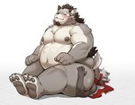 accessory anthro belly biceps big_butt black_body black_fur blush butt duo facesitting fur grey_body grey_fur hair headband male male/male musclegut muscular navel ninja nipples pecs scarf sitting_on_another size_difference warrior white_hair ssu_open lifewonders tamacolle tokyo_afterschool_summoners tadatomo_(tas) yamato_(tamacolle) canid canine canis domestic_dog mammal wolf absurd_res crossover hi_res