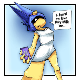 anthro blue_hair brand candy chocolate chocolate_bar clothed clothing dessert dialogue dress dress_only female food fur hair hand_behind_back long_ears mouthless one_eye_closed raised_arm raised_head shadow simple_background solo speech_bubble tailless text white_clothing yellow_body yellow_fur alberto_omega animal_crossing dairy_milk nintendo ankha_(animal_crossing) felid feline mammal 1:1 english_text hi_res shaded simple_shading