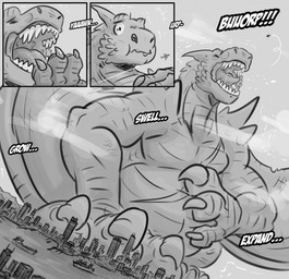 aircraft airplane ambiguous_gender body_size_growth burping city feral giga growth_lines growth_sequence landscape_dwarfing looming macro onomatopoeia size_transformation solo sound_effects text transformation vehicle sixsydes capcom monster_hunter grev_(greviste) flying_wyvern tigrex comic hi_res monochrome