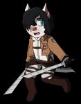 anthro black_hair blue_eyes boots bottomwear brown_boots brown_clothing brown_footwear brown_jacket brown_topwear chibi clothing cosplay cropped_ears cropped_jacket dual_wielding eyebrows footwear fur grey_bottomwear grey_clothing grey_pants hair hair_over_eye holding_melee_weapon holding_object holding_sword holding_weapon jacket male male_anthro melee_weapon narrowed_eyes omni-directional_mobility_gear one_eye_obstructed open_mouth pants pink_inner_ear pink_nose pink_tongue shirt simple_background solo sword tail tongue topwear transparent_background weapon white_body white_clothing white_fur white_shirt white_topwear sebdoggo attack_on_titan beauceron border_collie canid canine canis collie domestic_dog herding_dog mammal mixed_breed pastoral_dog sheepdog 2015 aliasing alpha_channel cel_shading digital_drawing_(artwork) digital_media_(artwork) full-length_portrait microsoft_paint_(artwork) portrait shaded