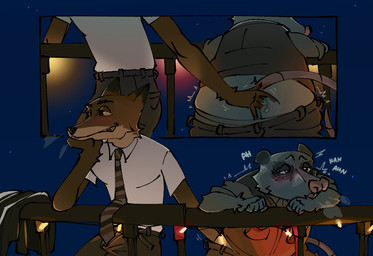 accessory anal anal_fingering anthro blush bottomwear bulge butt clothed clothing duo fingering male male/male necktie night outside pants shirt slightly_chubby tail topwear pb-art fantastic_mr._fox kylie_sven_opossum mr._fox_(fantastic_mr._fox) american_opossum canid canine fox mammal marsupial virginia_opossum 2026