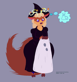 anthro antlers bedsheet_ghost big_tail biped black_clothing black_hat black_headwear breasts brown_body brown_fur cleavage clothed clothing countershade_face countershade_fur countershade_neck countershading female fur grey_background hair hat headgear headwear holidays hoof_hands hooves horn huge_tail leaf multicolored_body purple_eyes simple_background solo tail tan_body tan_fur tan_hair text thought_bubble two_tone_body wide_hips witch_costume witch_hat spacestationery halloween ocha_(spacestationery) deer mammal 2025 artist_name dated digital_media_(artwork) paint.net_(artwork)