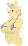 anthro big_breasts bikini bikini_top biped blue_eyes blush bra breasts clothing exposure_variation fangs female frilly frilly_bikini frilly_bra frilly_clothing frilly_swimwear frilly_underwear front_view fur highlights_(coloring) huge_breasts kemono long_ears looking_at_viewer open_mouth simple_background solo standing swimwear teeth two-piece_swimsuit underwear white_background white_highlights yellow_body yellow_fur sindoll sega shining_(sega) shining_force alef_(shining) canid canine fox mammal hi_res