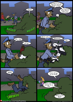 anthro breasts clothed clothing dialogue dragged exclamation_point female group hair male messy_hair nude nude_anthro park plant public pulled_in shrub text eric_schwartz sabrina_online stacey_skunkette tracey_tailor canid canine canis domestic_dog mammal mephitid skunk 2019 comic english_text hi_res url
