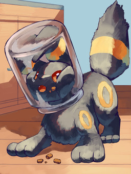 ambiguous_gender black_body black_fur container fangs feral fur head_in_container jar markings open_mouth paws red_eyes ring_(marking) solo stuck tail teeth tongue p9kfxaofqi54546 nintendo pokemon eeveelution generation_2_pokemon pokemon_(species) umbreon 2025 3:4 hi_res