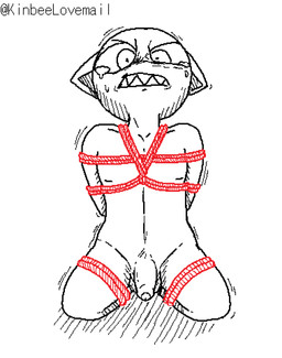 anthro balls barely_visible_balls barely_visible_genitalia bdsm bodily_fluids bondage bound foreskin genitals hands_behind_back kneeling looking_at_viewer male nude penis restraints rope rope_bondage rope_harness sharp_teeth simple_background solo tears teeth kikkousadamune domestic_cat felid feline felis mammal absurd_res aliasing digital_media_(artwork) hi_res