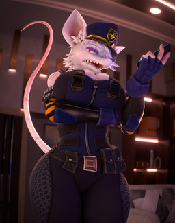 anthro arm_under_breasts big_breasts blue_clothing blue_gloves blue_handwear bottomwear breasts clothed clothed_anthro clothed_female clothing eyelashes eyeshadow female fingerless_gloves freckled_face freckled_shoulders freckles fur gloves hair handwear long_eyelashes looking_at_viewer makeup orange_eyes pants police police_officer purple_eyeshadow solo tail wearing_hat white_body white_fur white_hair vllrukkin warfaremachine_(modeler) officer_flint_(foresttherotten) mammal murid murine rat rodent 2026 3d_(artwork) digital_media_(artwork) hi_res