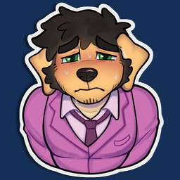 accessory anthro black_hair blush bodily_fluids clothing facial_hair fur hair half-closed_eyes male narrowed_eyes necktie nervous sideburns solo suit suit_jacket sweat sweatdrop yellow_body yellow_fur frank_motta nao_o'connor bird_dog canid canine canis domestic_dog golden_retriever hunting_dog mammal retriever