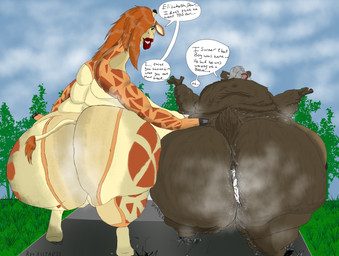 anthro big_butt blind bodily_fluids butt butt_focus curvy_figure disability entrapment extreme_size_difference female female/female genitals group huge_butt hyper hyper_butt insert larger_female lips macro macro_female male male/female micro_male obese obese_anthro obese_female overweight overweight_anthro overweight_female size_difference sky smaller_male speech_bubble stuck sweat sweatdrop sweaty_butt sweaty_genitalia sweaty_legs sweaty_thighs text thick_lips trio voluptuous voluptuous_female kxybeastar blade_(kxybeastar) lizz_(kxybeastar) val_(kxybeastar) bear canid canine canis giraffe giraffid mammal wolf absurd_res english_text hi_res aunt_(lore) aunt_and_nephew_(lore) nephew_(lore)