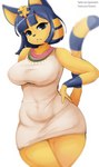 :< absurd_res animal_crossing ankha_(animal_crossing) anthro big_breasts blue_hair breasts clothed clothed_anthro clothed_female clothing domestic_cat dress dress_only felid feline felis female gatotorii hair hand_on_hip hi_res mammal nintendo simple_background solo text thick_thighs url white_background yellow_body