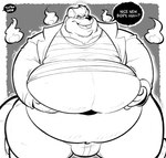 anthro belly big_belly bottomwear bulge clothing dialogue male open_mouth overweight overweight_male pants simple_background solo text c-trigger mammal murid murine rat rodent 2024 english_text hi_res monochrome