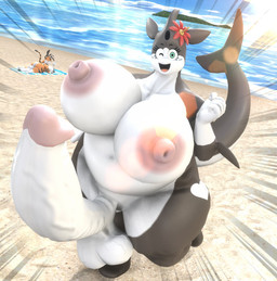 anthro balls beach beach_towel big_balls big_breasts big_penis blue_eyes breasts butt duo erection flower_on_head genitals gynomorph huge_balls huge_breasts huge_penis humanoid_genitalia humanoid_penis intersex lying nipples nude nude_gynomorph on_front one_eye_closed penis pink_nipples sea tail towel water wink 2-ban taiga_(2-ban) aquatic cetacean dolphin felid mammal oceanic_dolphin orca pantherine tiger toothed_whale 3d_(artwork) digital_media_(artwork) hi_res