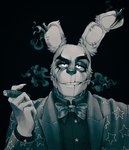 anthro black_background bow_tie cigar clothing eyebrows glowing glowing_eyes goes_hard half-closed_eyes holding_object looking_at_viewer machine male narrowed_eyes notched_ear raised_eyebrow scar simple_background smoking solo star star_clothing suit p0nyplanet five_nights_at_freddy's five_nights_at_freddy's_3 scottgames springtrap_(fnaf) animatronic lagomorph leporid mammal rabbit robot robot_anthro 2022 hi_res monochrome