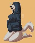 4_toes anthro barefoot bottomless breasts claws clothed clothing feet female fur hoodie open_mouth pawpads pink_pawpads simple_background soles solo teeth toe_claws toes tongue topwear white_body white_fur hecatta canid canine mammal digital_media_(artwork) hi_res