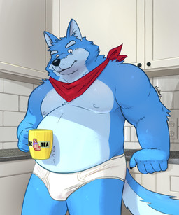 anthro belly black_nose briefs clothing container cup detailed_background kemono male moobs mug nipples overweight overweight_male solo tighty_whities underwear white_briefs white_clothing white_underwear nookdae canid canine canis mammal wolf 2025 hi_res