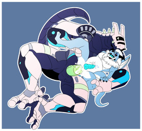 3_fingers 3_toes abdominal_bulge anal anal_penetration anthro balls black_body black_skin blue_body blue_penis blue_scales blue_skin blush bodily_fluids cum cum_in_ass cum_inside cum_on_self duo feet fingers fur genital_fluids genitals green_body green_penis green_skin heart_eyes heart_symbol holding_leg holding_thigh knot machine male male/male mane penetration penis scales size_difference spread_legs spreading tail toes white_body white_fur white_scales white_skin chinou_nagesuki european_mythology mythology soren_flamel android dragon mythological_creature mythological_scalie robot scalie synth_(vader-san) western_dragon absurd_res hi_res