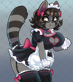 absolute_territory anthro apron big_breasts black_body black_choker black_clothing black_dress black_fur black_hair black_jewelry black_legwear black_necklace black_nose breasts choker cleavage clothed clothing collar dress eyewear female fur garter_straps glasses gloves grey_background grey_body grey_fur hair handwear heart_cutout jewelry legwear looking_at_viewer maid_uniform mouth_scar necklace raised_tail short_hair simple_background skull_print solo standing tail thick_thighs thigh_highs uniform white_clothing white_gloves white_handwear yellow_eyes onigiri_punch mammal procyonid raccoon absurd_res hi_res