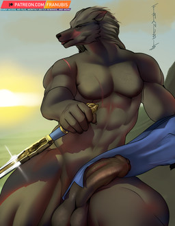 abs anthro balls big_penis biped erection facial_scar fangs foreskin fur genitals grey_body grey_fur holding_melee_weapon holding_object holding_sword holding_weapon humanoid_genitalia humanoid_penis male melee_weapon muscular muscular_anthro muscular_male nipples outside partially_retracted_foreskin pecs penis scar solo sword teeth text tongue tongue_out weapon franubis elden_ring fromsoftware blaidd_(elden_ring) canid canine canis mammal wolf 2022 digital_media_(artwork) hi_res url