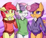 anthro anthrofied apple_bloom_(mlp) clothed clothing colored cutie_mark_crusaders_(mlp) digital_media_(artwork) earth_pony equid equine fearingfun feathered_wings feathers female friendship_is_magic fur green_clothing green_panties green_underwear group hair hands_behind_back hasbro hi_res horn horse looking_at_viewer mammal mouth_hold multicolored_hair my_little_pony mythological_creature mythological_equine mythology one_eye_closed orange_body orange_feathers panties pegasus pony purple_clothing purple_hair purple_panties purple_underwear scootaloo_(mlp) smile sweetie_belle_(mlp) two_tone_hair underwear unicorn wings wink young young_anthro