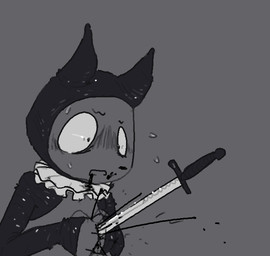 anthro blood bodily_fluids clothing collar frilly frilly_clothing frilly_collar grey_background grey_body impalement male melee_weapon simple_background solo stab sweat sweatdrop sword weapon bravobunny mammal half-length_portrait portrait