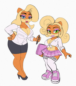 anthro big_breasts breasts cleavage clothed clothing computer duo electronics eyeshadow female footwear high_heels holding_object laptop legwear lips lipstick looking_at_viewer makeup midriff pen school_uniform shirt shoes socks student teacher teacher_and_student thick_thighs thigh_highs thigh_socks tied_shirt topwear uniform wide_hips omegasunburst activision crash_bandicoot_(series) coco_bandicoot tawna_bandicoot bandicoot mammal marsupial 2022 hi_res