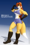 amber_eyes anthro big_breasts breasts claws clothed clothing dipstick_tail female fur hair markings muscular muscular_anthro muscular_female orange_body orange_fur pose red_hair solo tail tail_markings toe_claws anthroanim becky_cascane canid canine fox mammal 2:3 3d_(artwork) digital_media_(artwork)